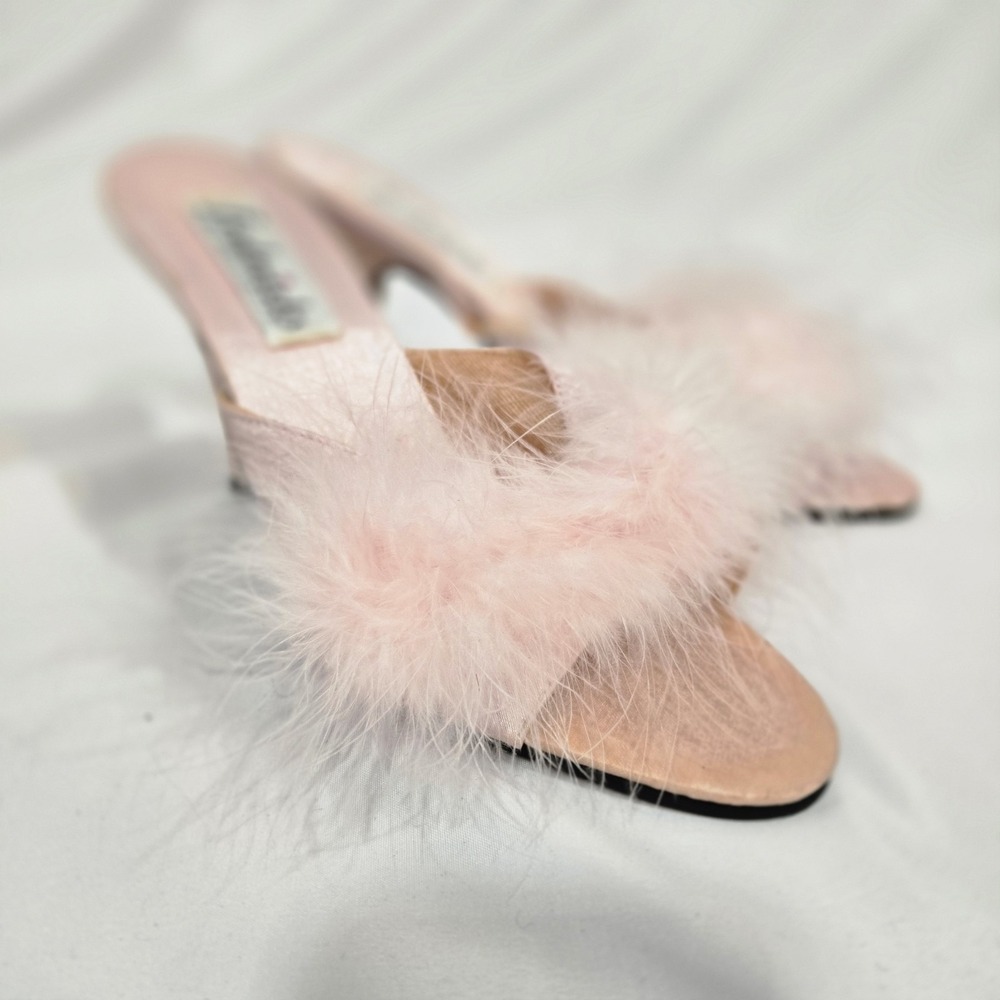 Vintage Y2K Frederick's Hollywood Pink Satin Marabou Mule Heels Shoes Size 7